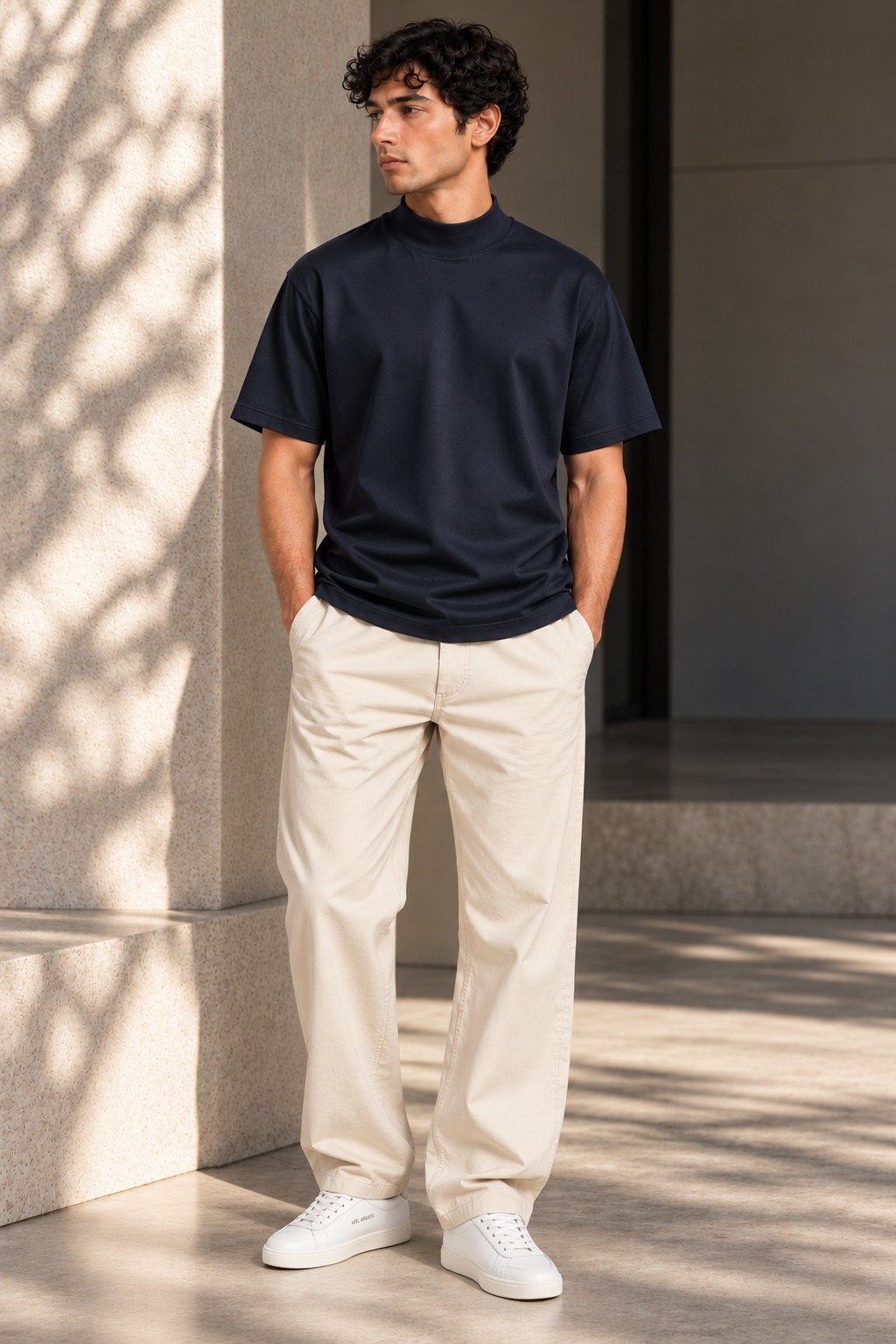 Model in a navy SKIKT mock-neck tee and stone trousers, standing against sunlit concrete