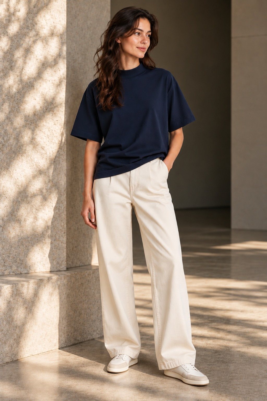 Model in a navy oversized SKIKT tee and wide off-white trousers, leaning on a sunlit stone wall